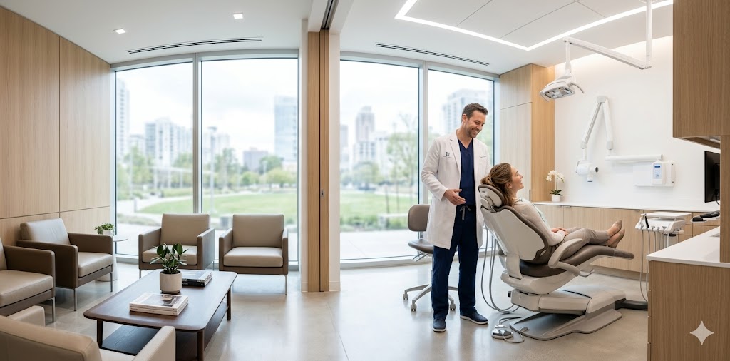 Dentista atendiendo paciente mexicano en clínica premium